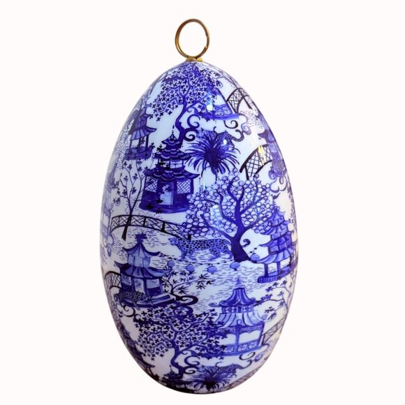 Asian Pagoda Toile Porcelain Egg Blue White Oriental Landscape Hanging Loop Deco - Picture 5 of 11